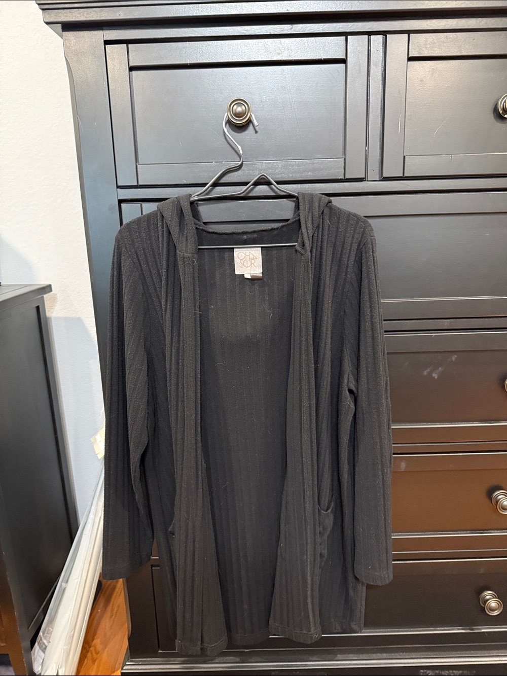 Chaser Black Ribbed Hooded Open-Front Cardigan